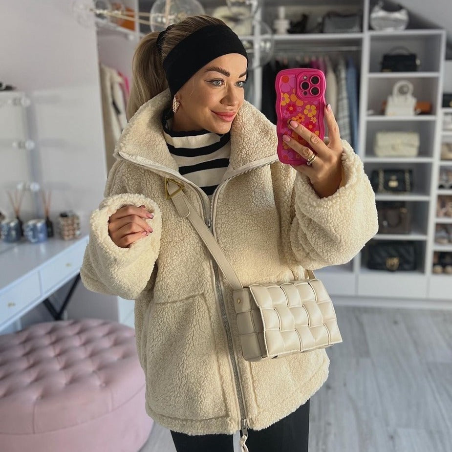 Women's Boxy Teddy Fleece Jacket with Stand-Up Collar, Two-Way Zipper and Patch Pockets Mune Fashion