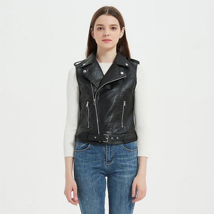 Women's biker leather vest with asymmetrical zipper