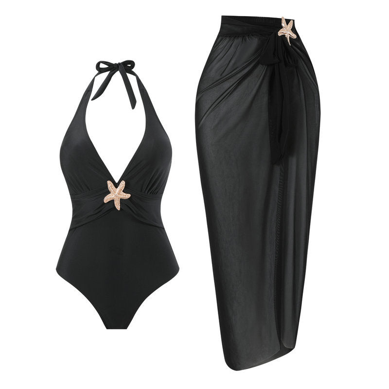 Women's Halterneck Swimwear with Transparent Pareo Mune Fashion
