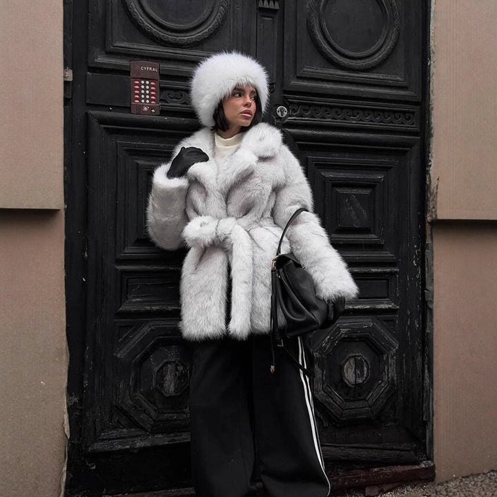 Women Voluminous Short Coat made of Faux Fur with Waist Belt and Oversized Shawl Collar Mune Fashion