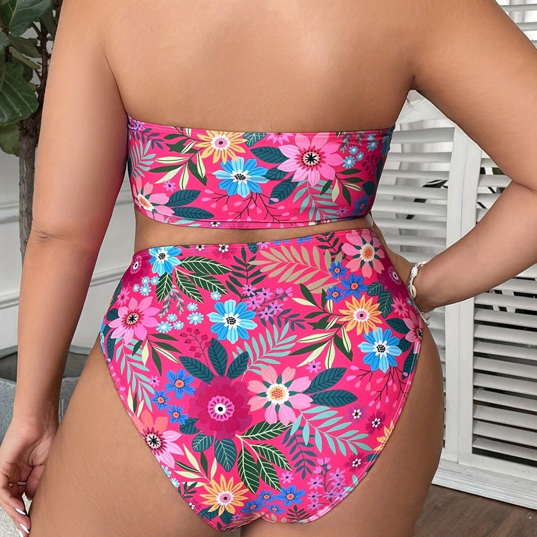 Women's Bandeau Bikini Set with Floral Design and High Waist Mune Fashion
