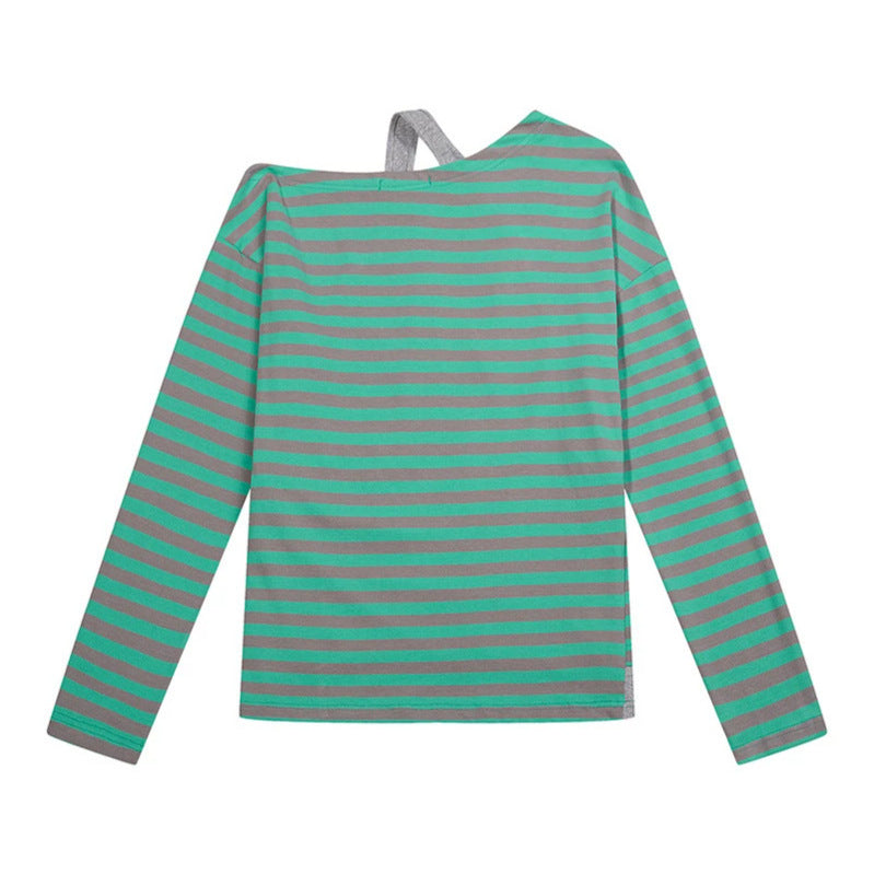 Women's Striped Long Sleeve Shirt with Asymmetrical Neckline, Layered Look and Metallic Print