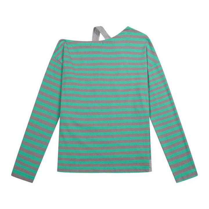 Women's Striped Long Sleeve Shirt with Asymmetrical Neckline, Layered Look and Metallic Print