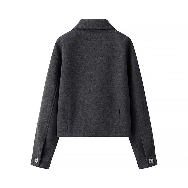 Women's tailored cropped blouson jacket in shirt collar style with concealed zipper front and large appliquéd pockets Mune Fashion