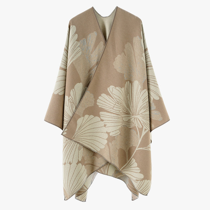 Women’s Jacquard Cape Poncho with large leaf Jacquard and open wrap cut Mune Fashion