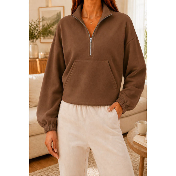 Women's Short Cut Sweatshirt Sweater with Half Zipper and Kangaroo Pocket Mune Fashion