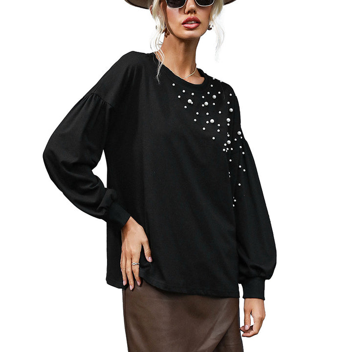 Ladies Oversized Sweatshirt with Pearl Decor and Balloon Sleeves Mune Fashion