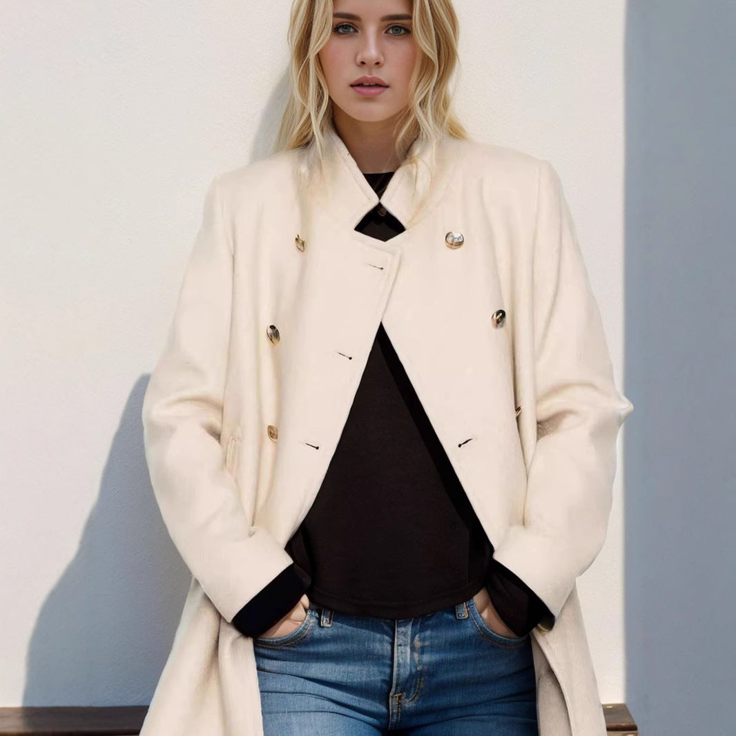 Ladies Double-Breasted Mini Coat with Stand Collar and Decorative Metal Buttons Mune Fashion