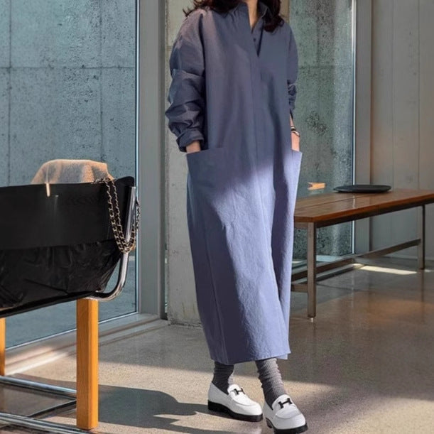 Women Long Oversized Shirt Dress made of Cotton Poplin with Side Pockets and Back Yoke Mune Fashion