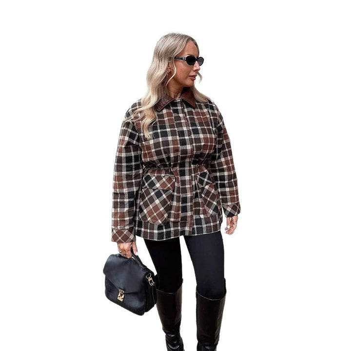 Women Checked Shacket with Waist Drawstring, Flap Pockets & Leather-Look Collar Mune Fashion