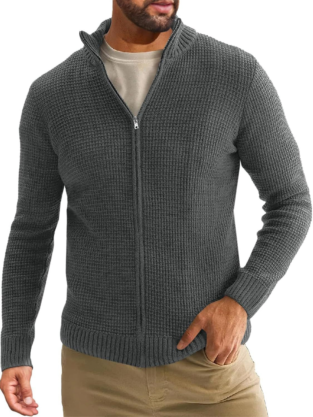 Men's Zip-Up Cardigan with Waffle Texture and Stand-Up Collar Mune Fashion