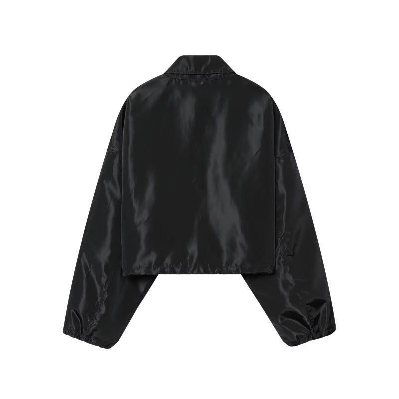 Women Cropped Bomber Jacket made of Satin Look with Zipper and Elastic Hem Mune Fashion