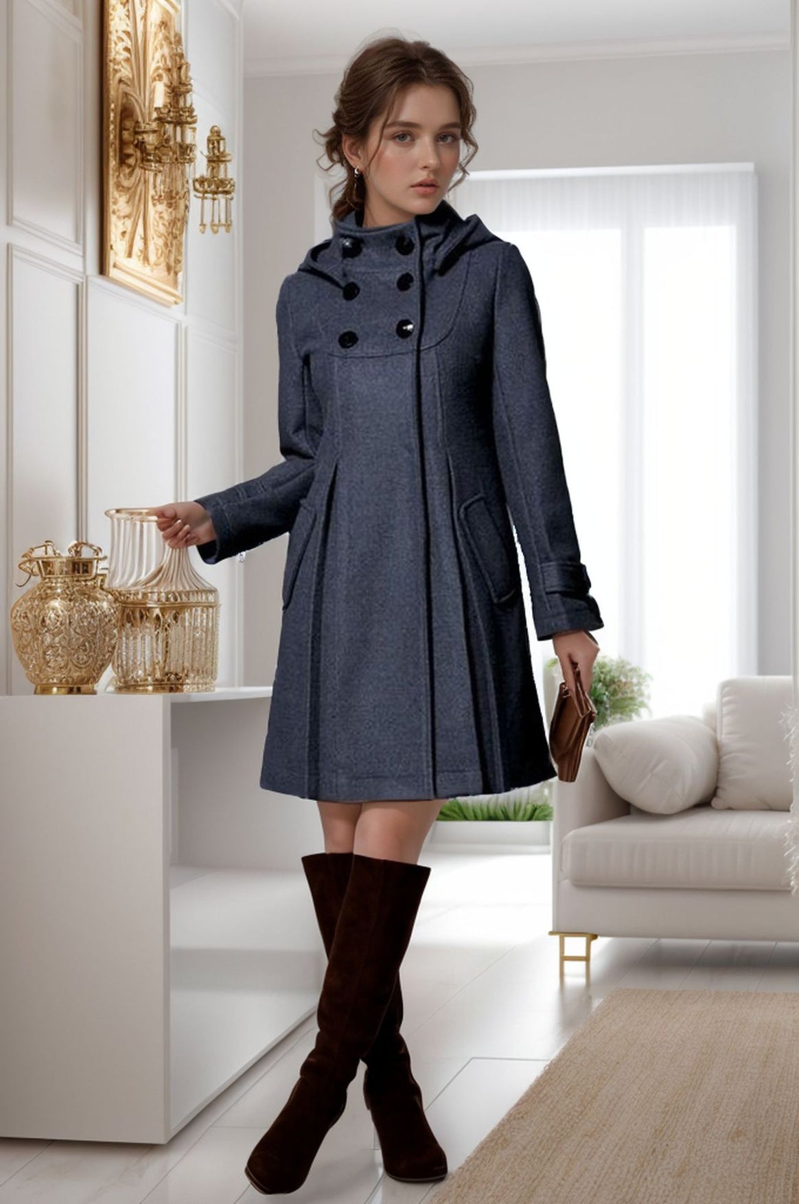 Women A-line wool coat with high standing collar, hooded look, and double-breasted Mune Fashion
