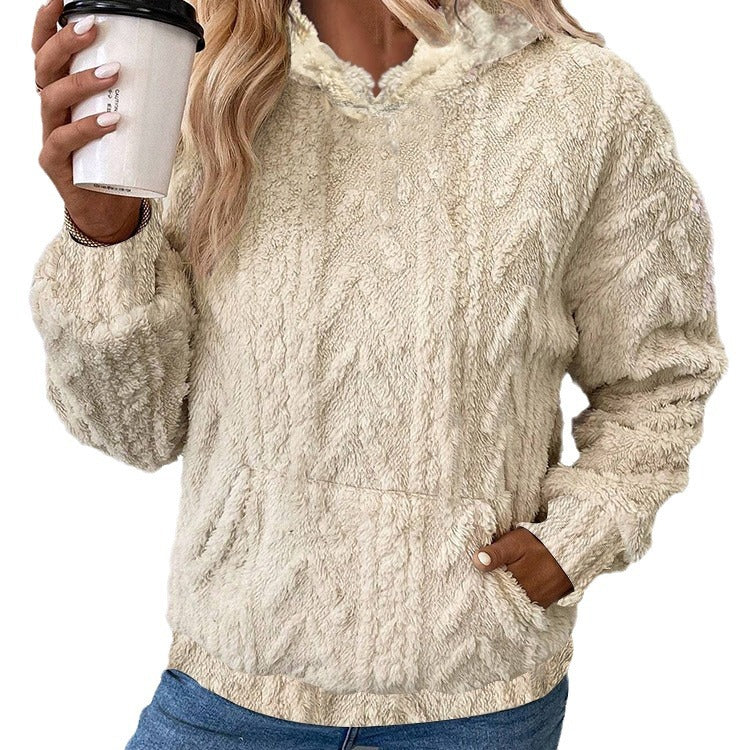 Women's cozy teddy fleece pullover with kangaroo pocket and light stand-up collar Mune Fashion