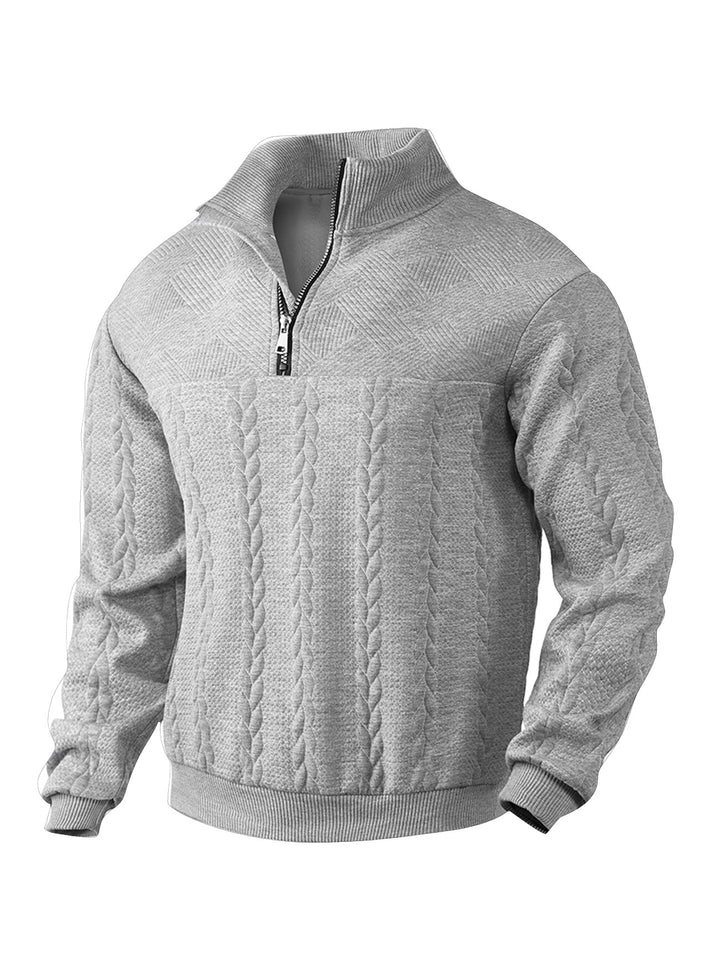 Men's textured knit sweater with half zip, braided cable pattern, and high stand-up collar Mune Fashion