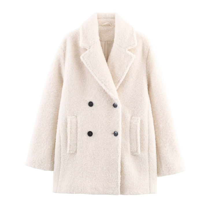 Ladies Double-Breasted Teddy Coat with Shawl Collar and Patch Pockets Mune Fashion