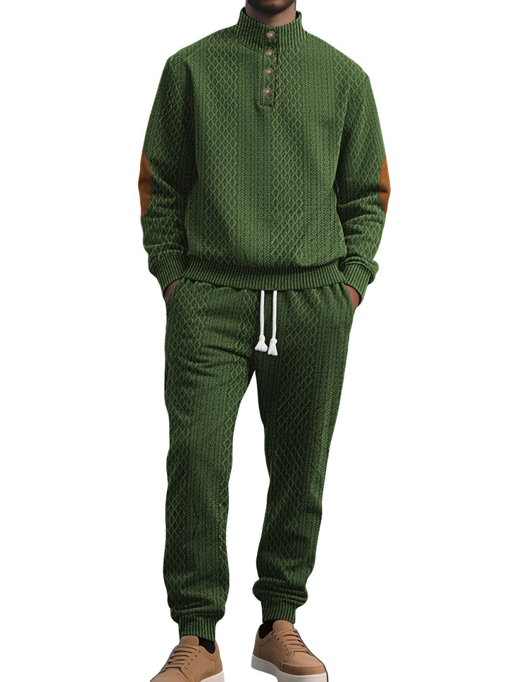 Men's patterned knit leisure set with half-button stand collar suede elbow patches and drawstring joggers Mune Fashion