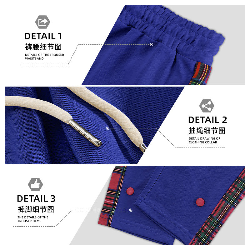 Men's casual jogging pants with checkered side piping, snap button placket, and ankle slits Mune Fashion