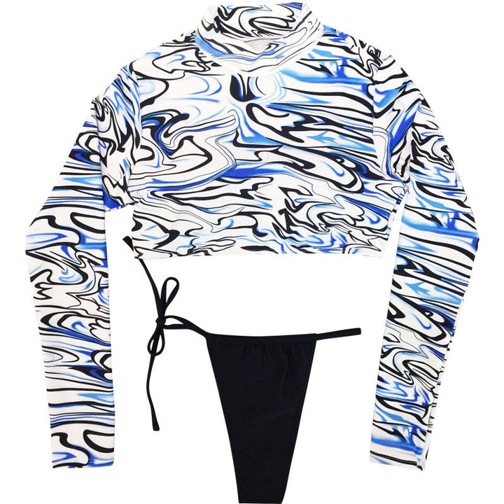 Women’s Crop Top with Long Sleeves and Exotic Leaf Pattern Mune Fashion