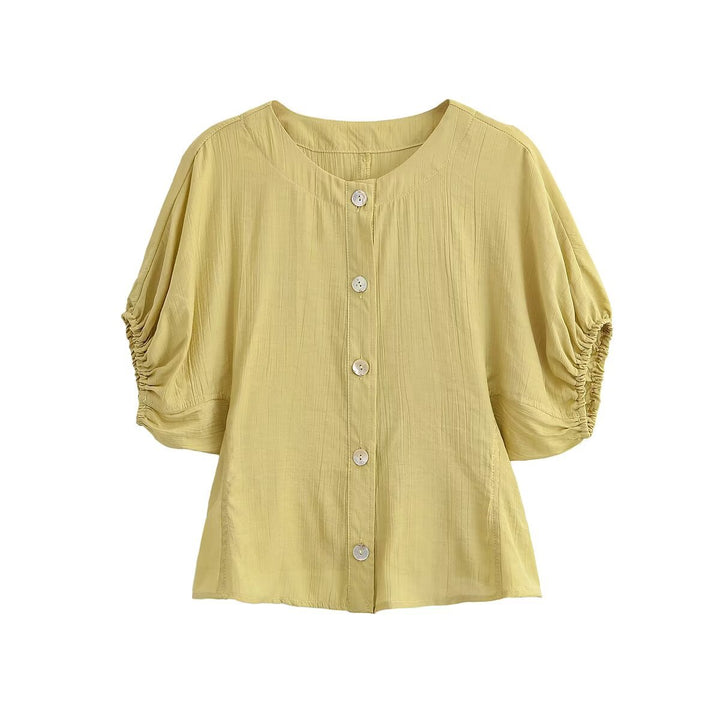 Women Lightweight Crinkle Blouse Shirt with Button Placket and Gathered Balloon Sleeves Mune Fashion