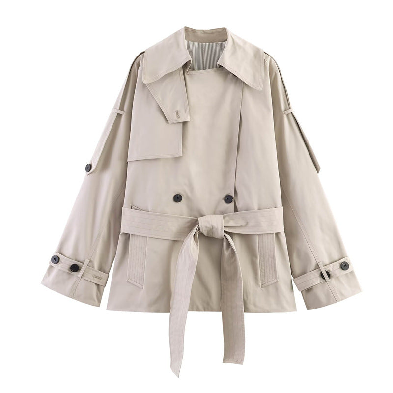 Women's short cut oversized trench coat with belt and double-breasted button placket Mune Fashion