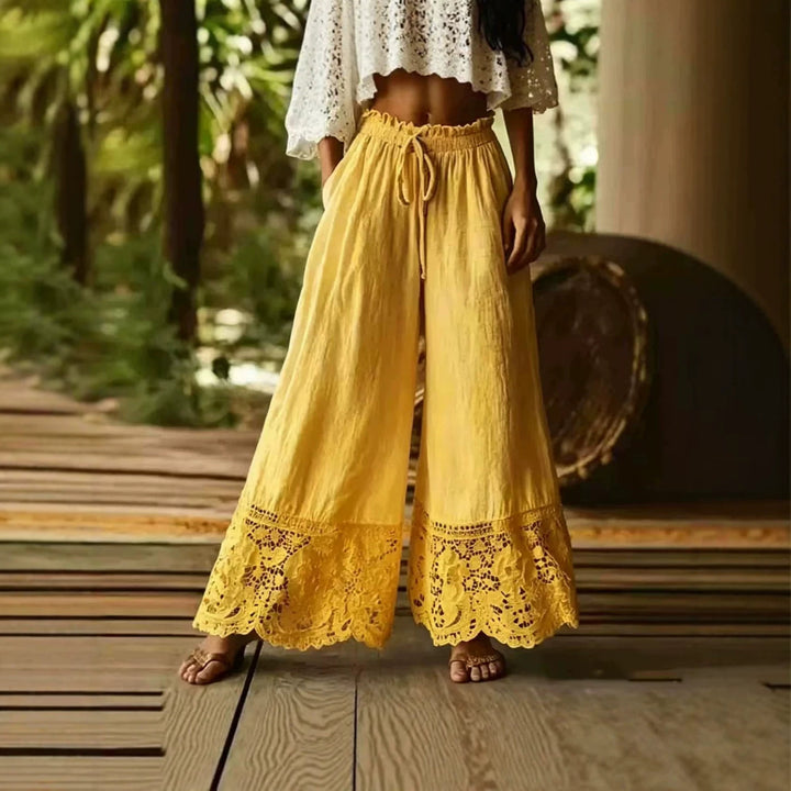 Women's loose linen pants with elastic drawstring waistband and lace trim Mune Fashion