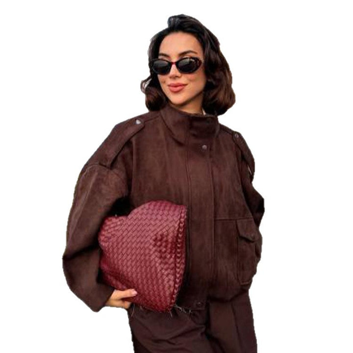 Women's Oversized Suede Bomber with Shoulder Epaulettes, Flap Pockets and High Stand-Up Collar Mune Fashion