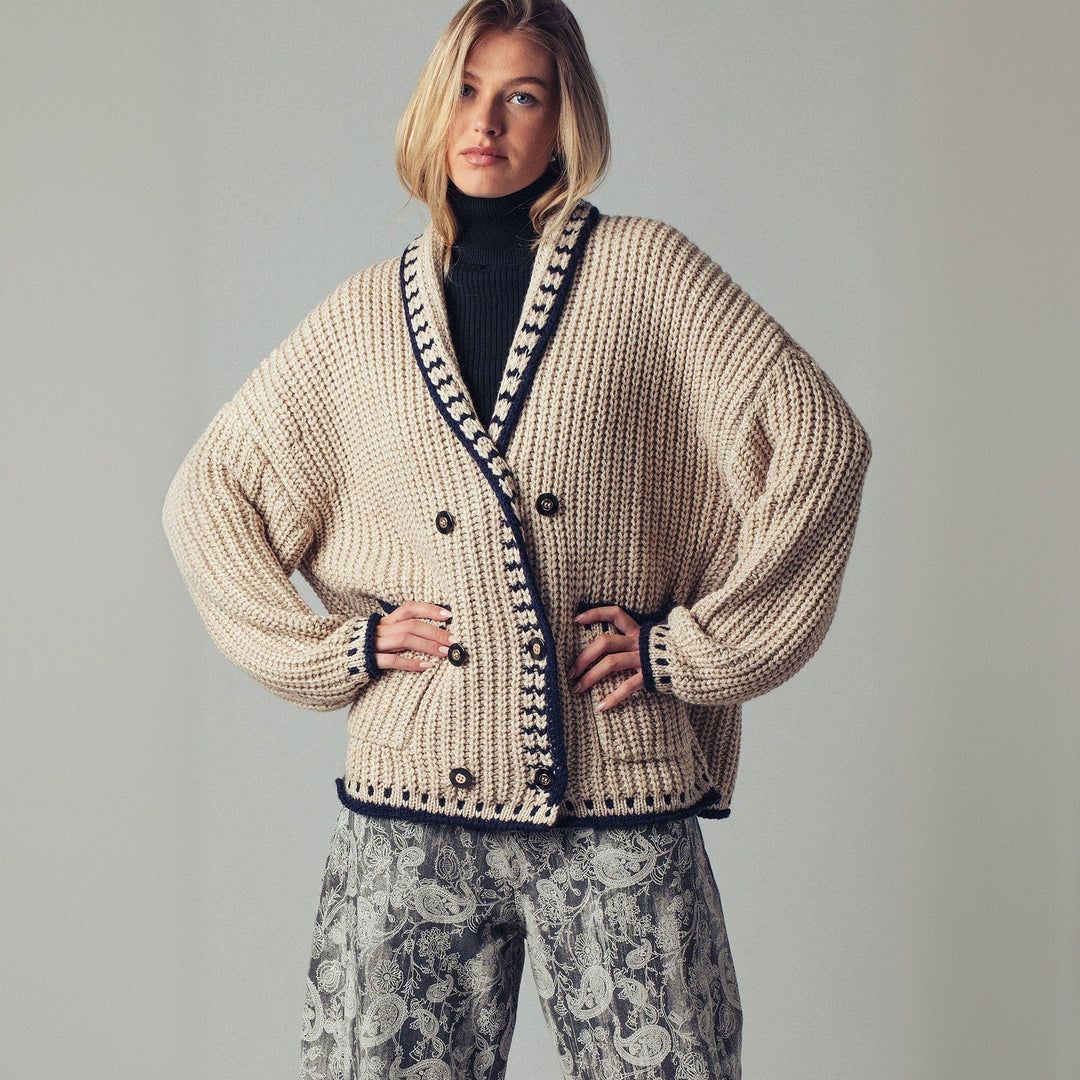 Women's chunky knit cardigan with shawl collar, decorative stripes & patch pockets Mune Fashion