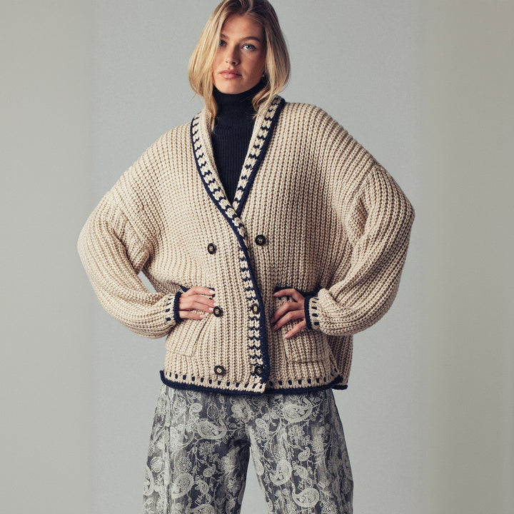Women's chunky knit cardigan with shawl collar, decorative stripes & patch pockets Mune Fashion