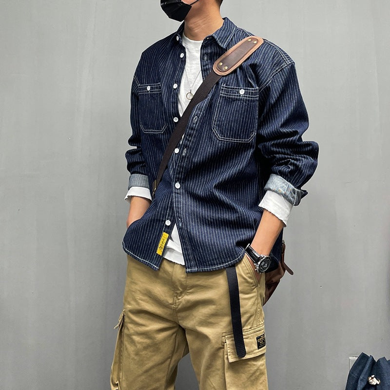 Men's Casual Denim Shirt Jacket with Stripes Mune Fashion