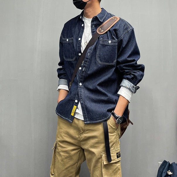 Men's Casual Denim Shirt Jacket with Stripes Mune Fashion