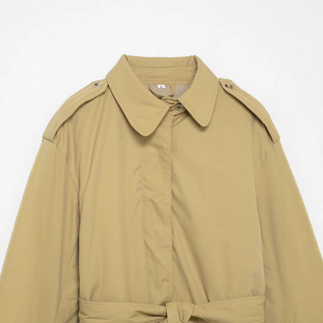 Women's Short Trench Coat with Waist Belt and Epaulettes Drune