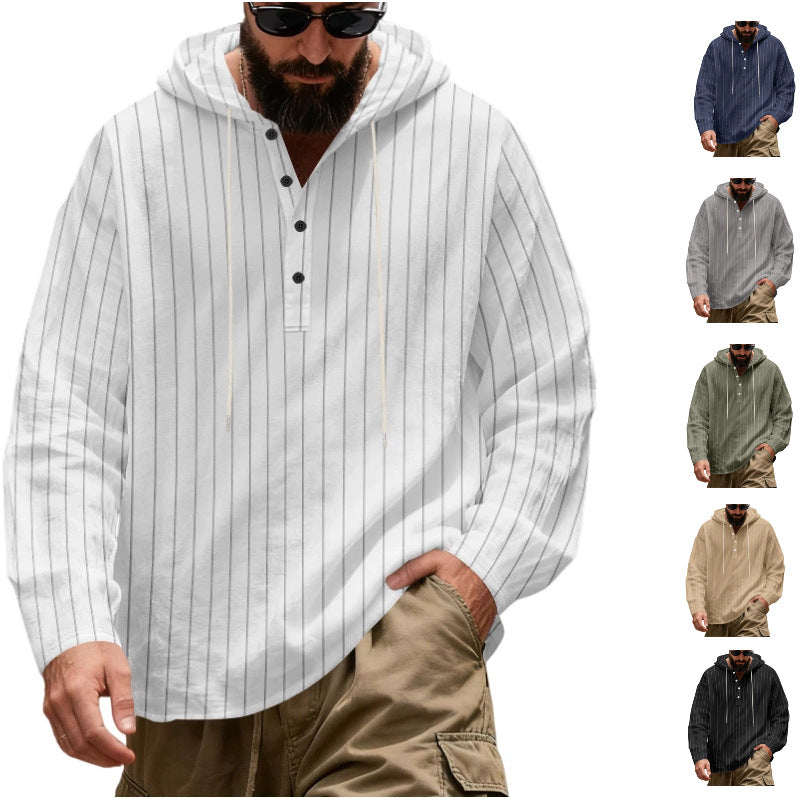 Men's Casual Hoodie Henley Shirt with Fine Pinstripes and Button Placket Mune Fashion