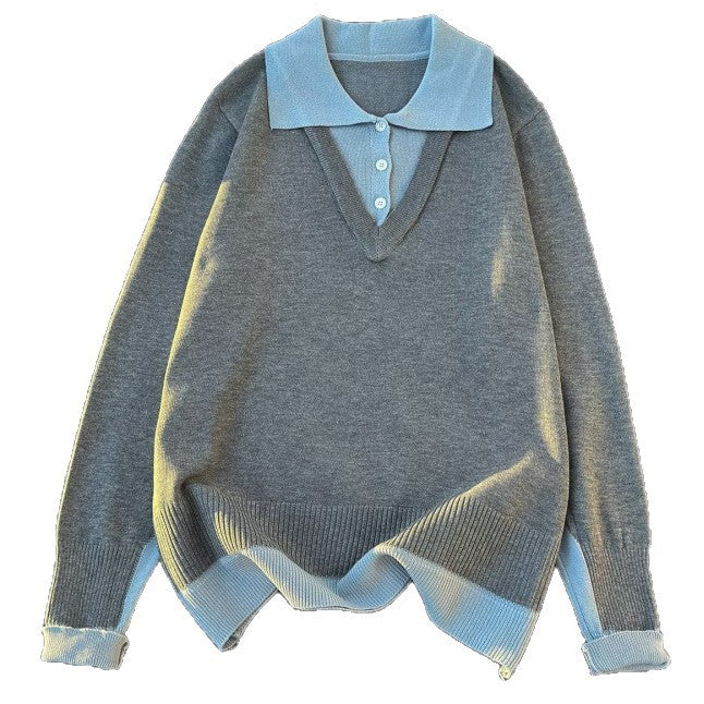 Women Oversized Polo Fine Knit Sweater with Contrast Collar and Ribbed Hem Mune Fashion