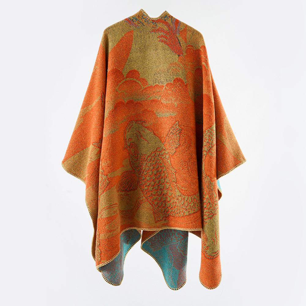 Women Jacquard Poncho with Fish Motif and Open Oversize Cut Mune Fashion