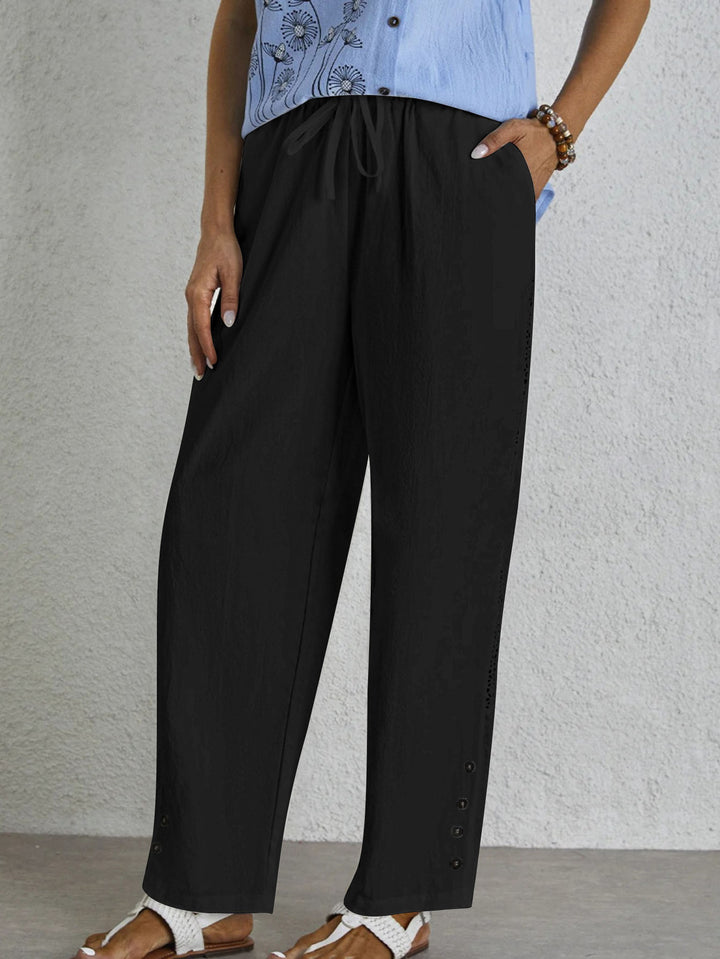 Women's Light Palazzo Pants with Elastic Waistband, Drawstring and Decorative Button Detail Mune Fashion