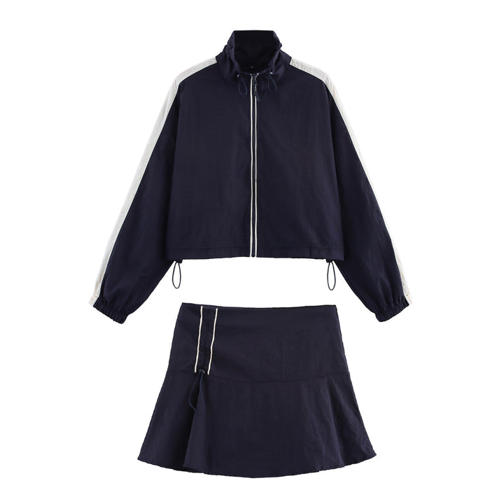 Women's Cropped Windbreaker Jacket with High Collar, Drawstring and Contrast Stripes Mune Fashion
