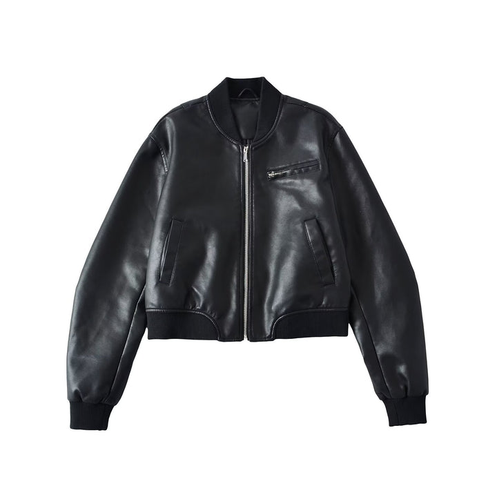 Women's bomber jacket in leather look with ribbed cuffs, chest pocket, and zipper Mune Fashion
