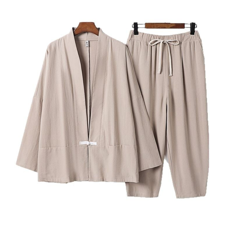 Unisex Casual Kimono Loungewear Set made of lightweight Linen Blend with Drawstring Pants Mune Fashion