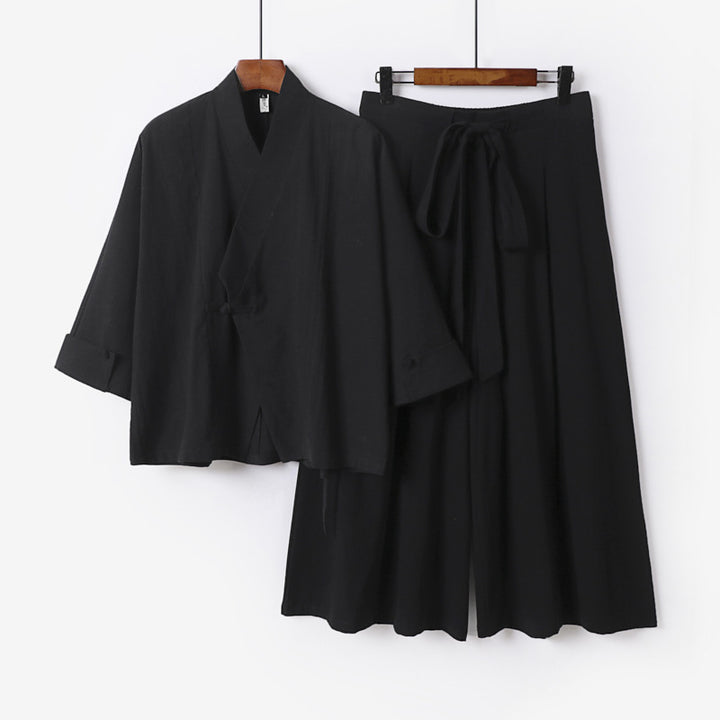 Women's Lightweight Kimono Loungewear Set with V-Neck Three-Quarter Sleeves and Wide Palazzo Pants Mune Fashion
