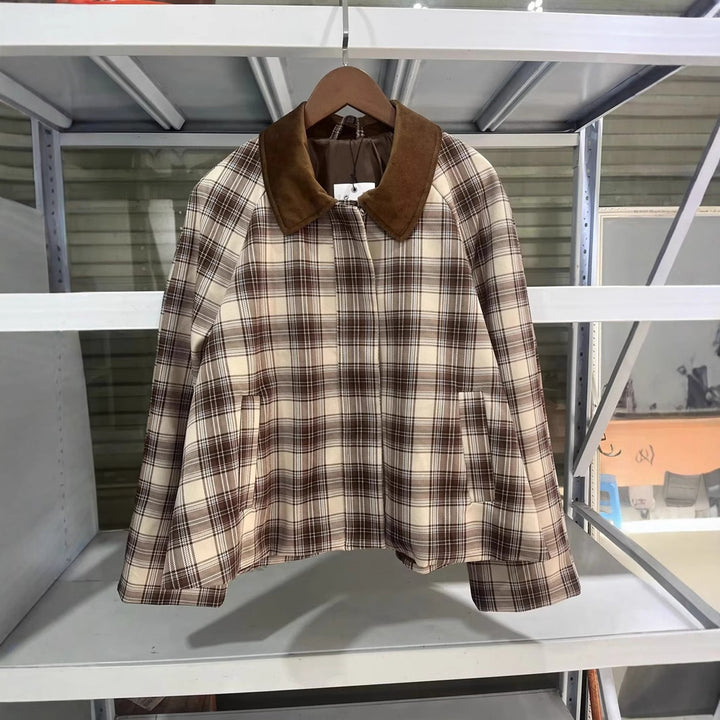 Women's checked transitional jacket with contrasting velvet collar, concealed front placket, and patch pockets Mune Fashion