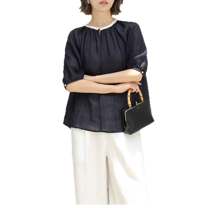 Women's Casual Linen Blouse with Decorative Collar Mune Fashion