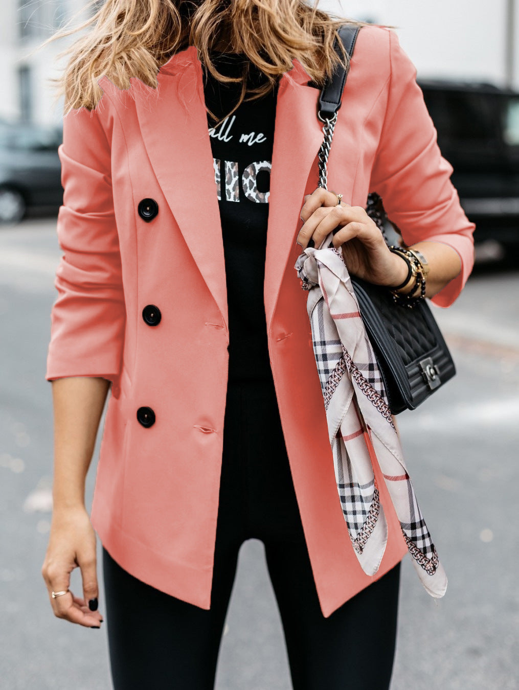 Women nan tailored long blazer with double-breasted button placket, lapel collar and patch pockets Mune Fashion