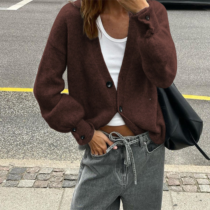 Women's casual cardigan with deep V-neck, button placket and balloon sleeves Mune Fashion