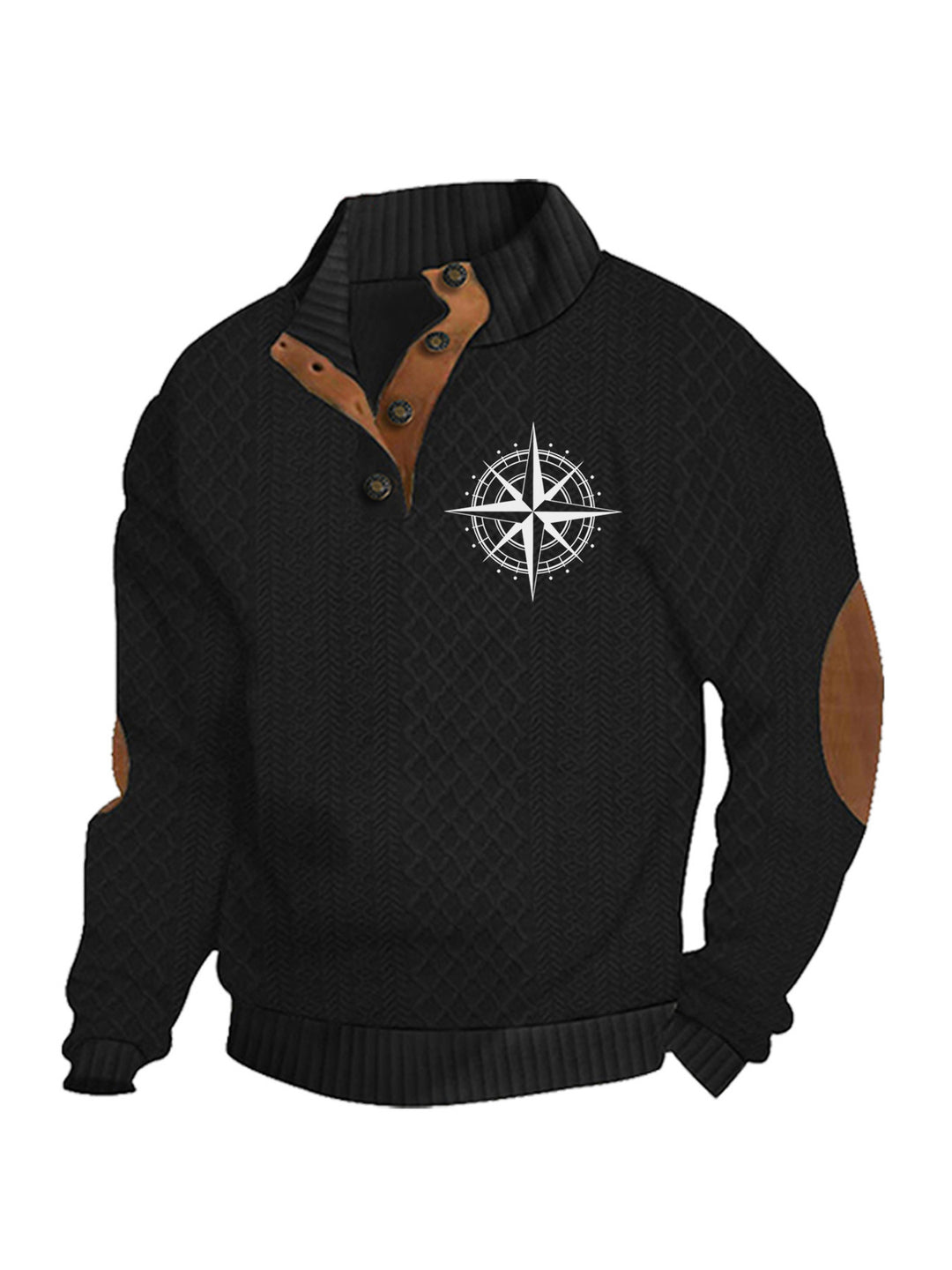 Men's nan Heritage textured pullover with stand-up collar faux leather trim elbow patches and half-button placket Mune Fashion