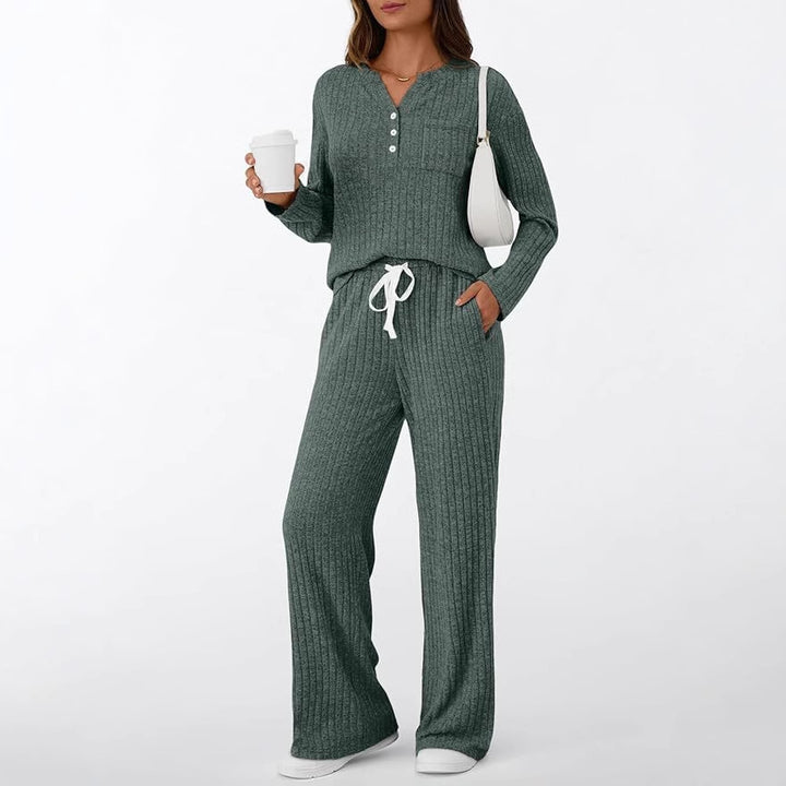 Women Ribbed Knit Lounge Set with Button Placket and Wide Drawstring Pants Mune Fashion