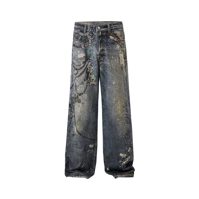 Men's Loose Fit Stonewashed Denim Jeans with Chain Print, Color Splatter and Floor-Length Hem Mune Fashion