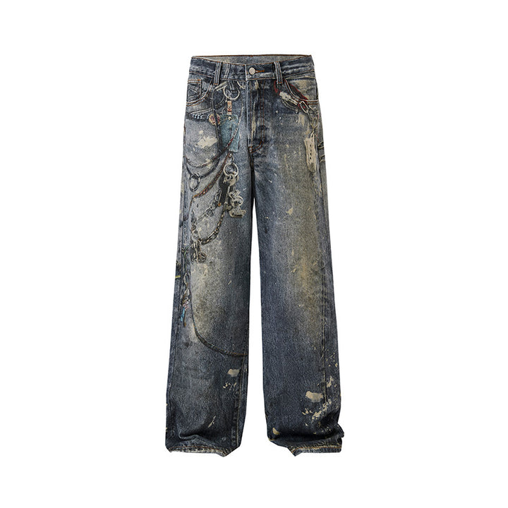 Men's Loose Fit Stonewashed Denim Jeans with Chain Print, Color Splatter and Floor-Length Hem Mune Fashion