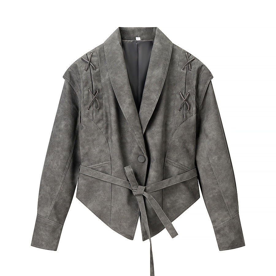 Women's short jacket in velour look with wrap belt and lacing detail Mune Fashion