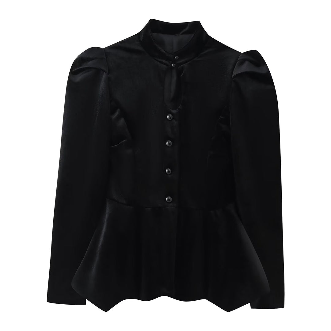 Women's Satin Blouse with Stand Collar, Puff Sleeves and Peplum Details Mune Fashion